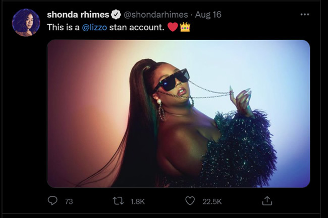 Shonda Rhimes Lizzo stan account on twitter